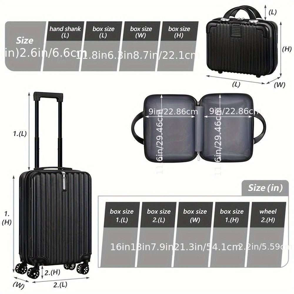 Black carry-on spinner suitcase with zip-top crossbody bag and side handle