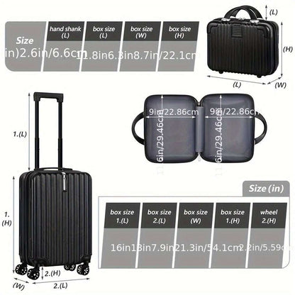 Black carry-on spinner suitcase with zip-top crossbody bag and side handle