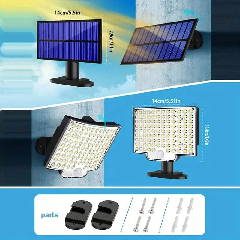 Solar LED outdoor light set with two solar panels, wall mounts, and battery pack