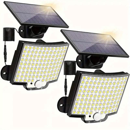 Solar LED outdoor light set with two wall-mounted fixtures and solar panels