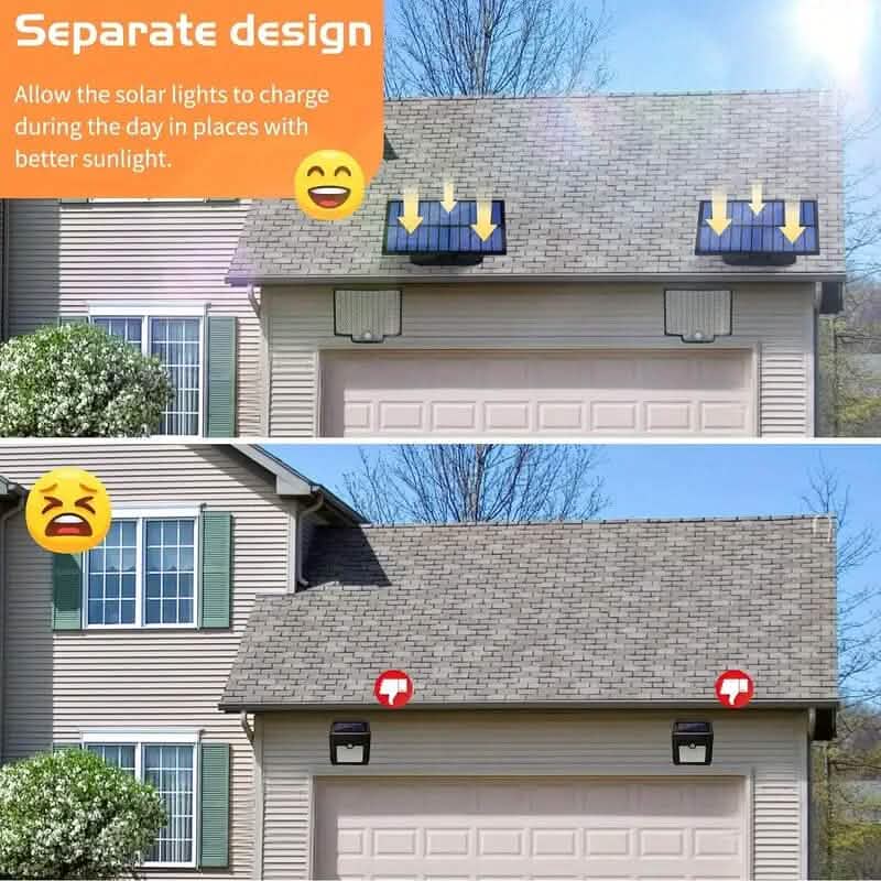 Solar LED outdoor wall lights (two) with solar panels mounted under the eaves