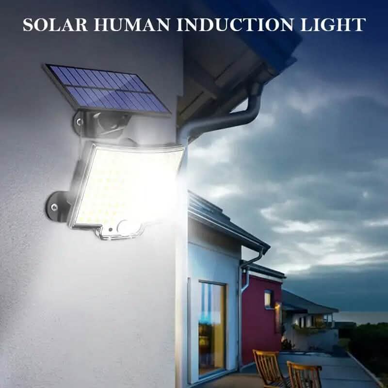Solar LED outdoor induction light with wall mount, solar panel, and bright LED face