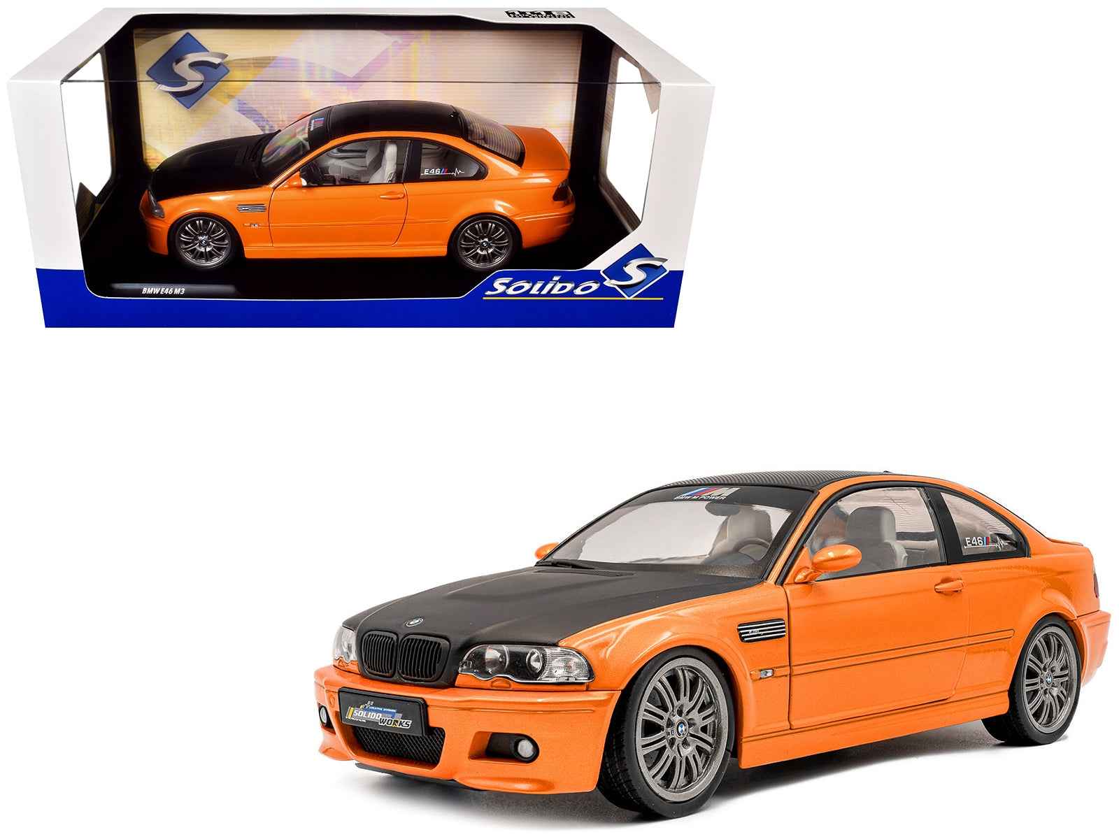2000 BMW E46 M3 "Solido Works" Orange Metallic with Matt Black Hood and Carbon Top 1/18 Diecast Model Car by Solido Cartsfy Inc.