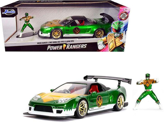 Green diecast race car with open hood and Power Rangers Green Ranger figurine