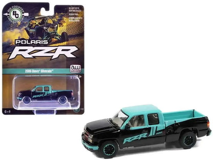 2006 Chevrolet Silverado Pickup Truck "Polaris RZR" Black and Blue 1/64 Diecast Model by Auto World