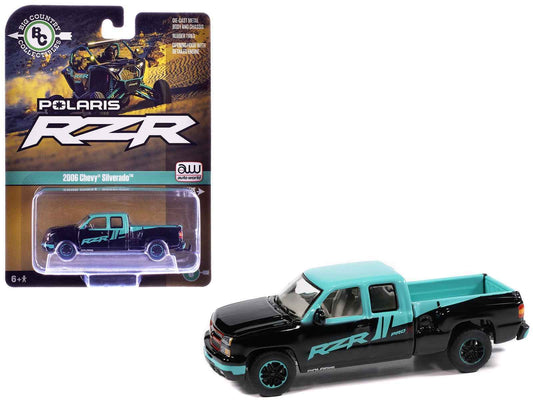 2006 Chevrolet Silverado Pickup Truck "Polaris RZR" Black and Blue "Big Country Collectibles" 2025 Series 1/64 Diecast Model Car by Auto World Cartsfy Inc.