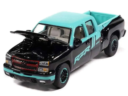 2006 Chevrolet Silverado Pickup Truck "Polaris RZR" Black and Blue "Big Country Collectibles" 2025 Series 1/64 Diecast Model Car by Auto World Cartsfy Inc.