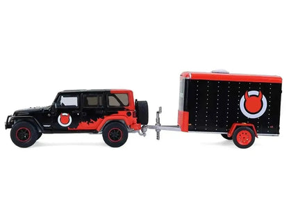 2012 Jeep Wrangler Unlimited "Diablo Sport" Black with Red Graphics and Small Cargo Trailer "Hitch & Tow" Series 33 1/64 Diecast Model Cars by Greenlight Miniature Motors Default Title Default Title-