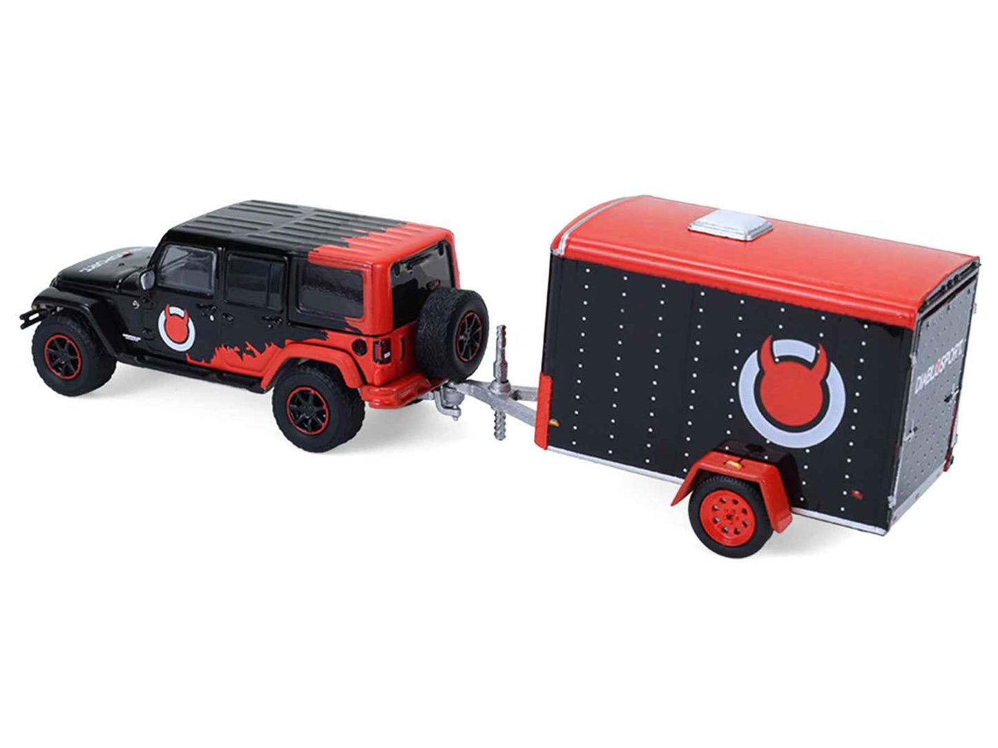 2012 Jeep Wrangler Unlimited "Diablo Sport" Black with Red Graphics and Small Cargo Trailer "Hitch & Tow" Series 33 1/64 Diecast Model Cars by Greenlight Miniature Motors Default Title Default Title-