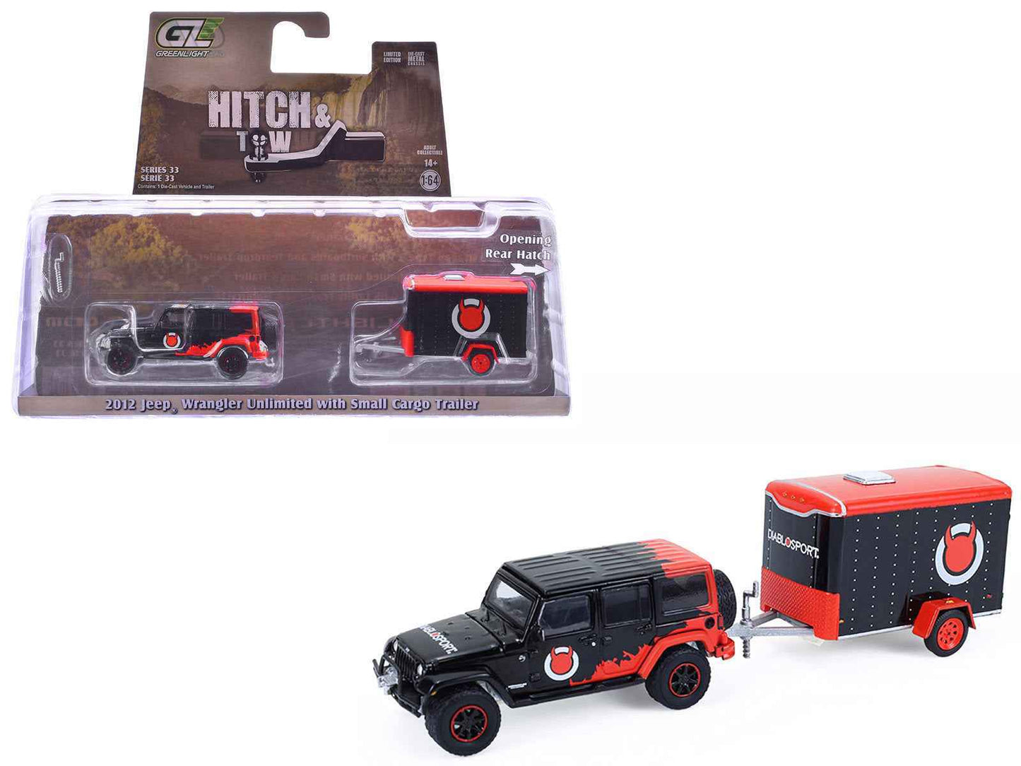 2012 Jeep Wrangler Unlimited "Diablo Sport" Black with Red Graphics and Small Cargo Trailer "Hitch & Tow" Series 33 1/64 Diecast Model Cars by Greenlight Miniature Motors Default Title Default Title-