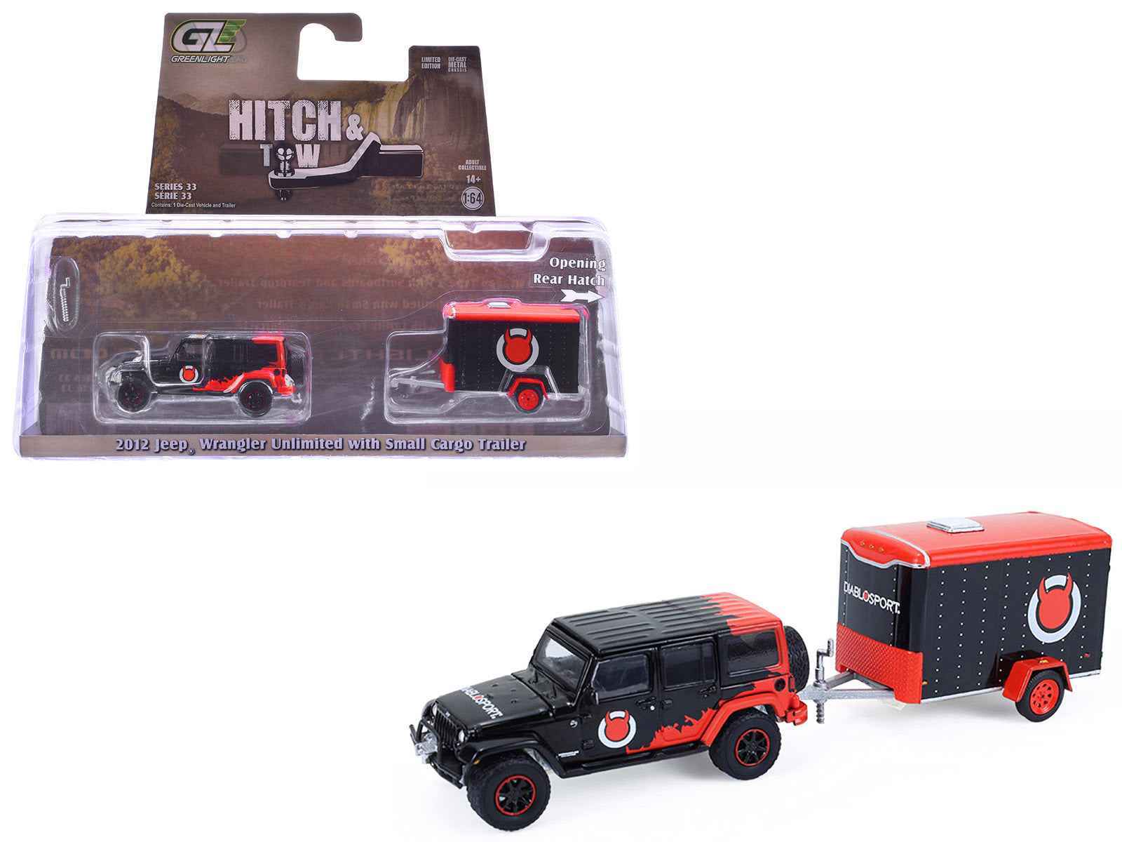 2012 Jeep Wrangler Unlimited "Diablo Sport" Black with Red Graphics and Small Cargo Trailer "Hitch & Tow" Series 33 1/64 Diecast Model Cars by Greenlight Miniature Motors Default Title Default Title-