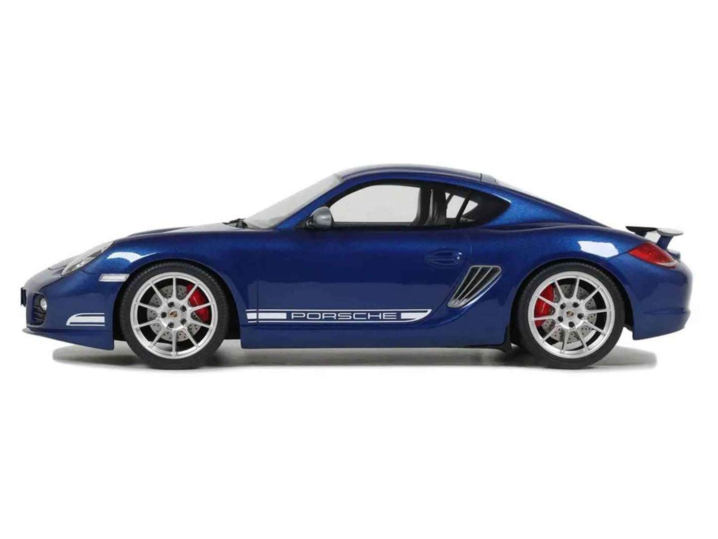 Blue Porsche Cayman R 1/18 model car, side view with rear spoiler and alloy wheels