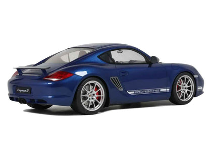 Blue Porsche Cayman R 1/18 model car, rear three-quarter view with red taillights