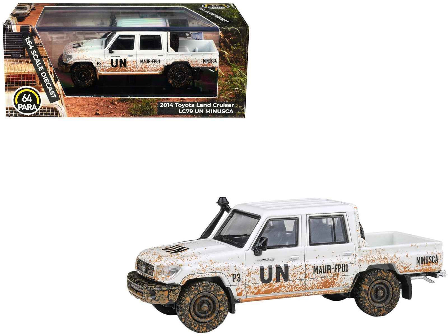 2014 Toyota Land Cruiser LC 79 Pickup Truck "UN MINUSCA" White (Dirty Version) 1/64 Diecast Model Car by Paragon Models Cartsfy Inc.