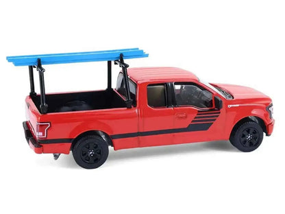 2015 Ford F-150 Pickup Truck with Ladder Rack Red with Black Stripes "Down on the Farm" Series 11 1/64 Diecast Model by Greenlight Cartsfy Inc.