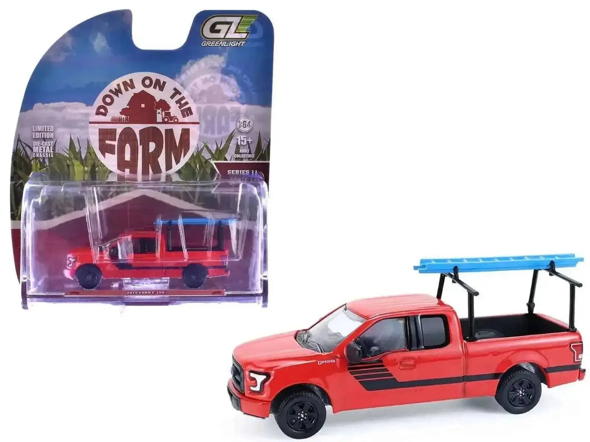 2015 Ford F-150 Pickup Truck with Ladder Rack Red with Black Stripes "Down on the Farm" Series 11 1/64 Diecast Model by Greenlight Cartsfy Inc.