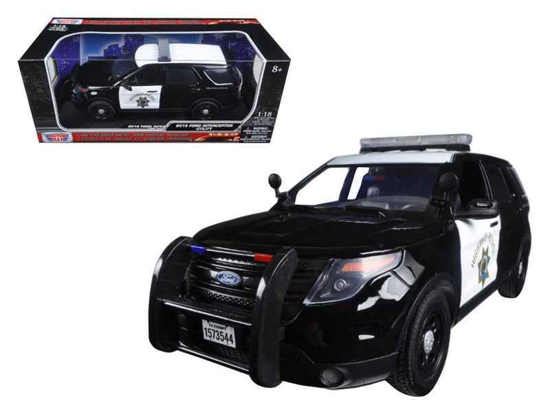 Black and white CHP police utility interceptor diecast model car with push bar
