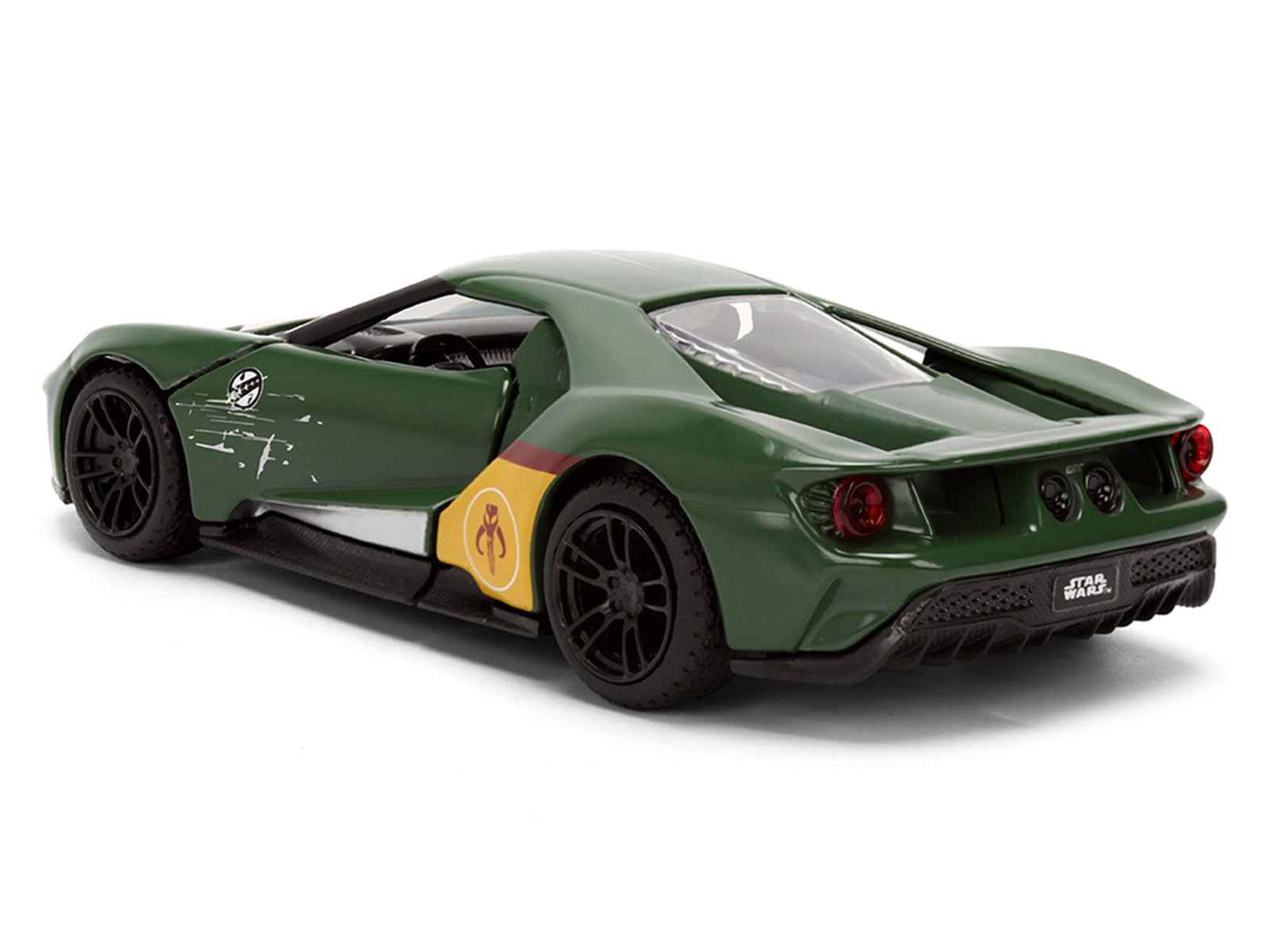 Green diecast Ford GT model car, angled rear view with red stripe and yellow emblem