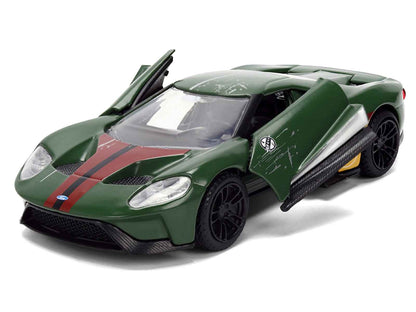 Green diecast Ford GT model car, front 3/4 view, red racing stripe and yellow logo