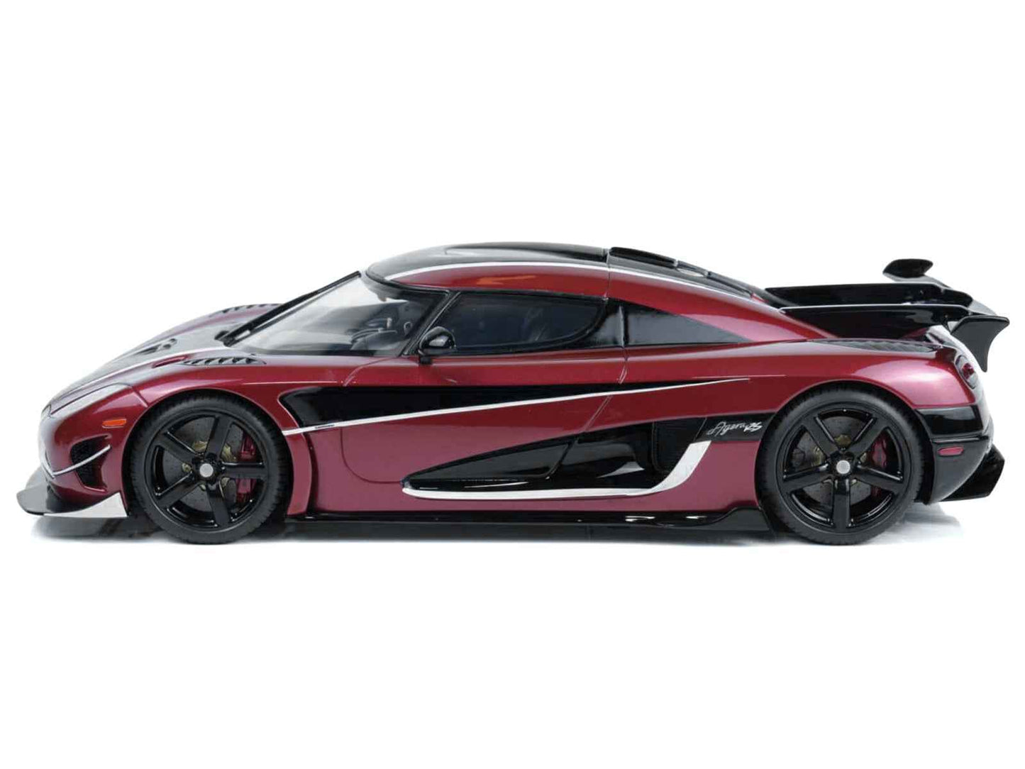 Deep red metallic model car with black stripes, black wheels, 1/18 scale