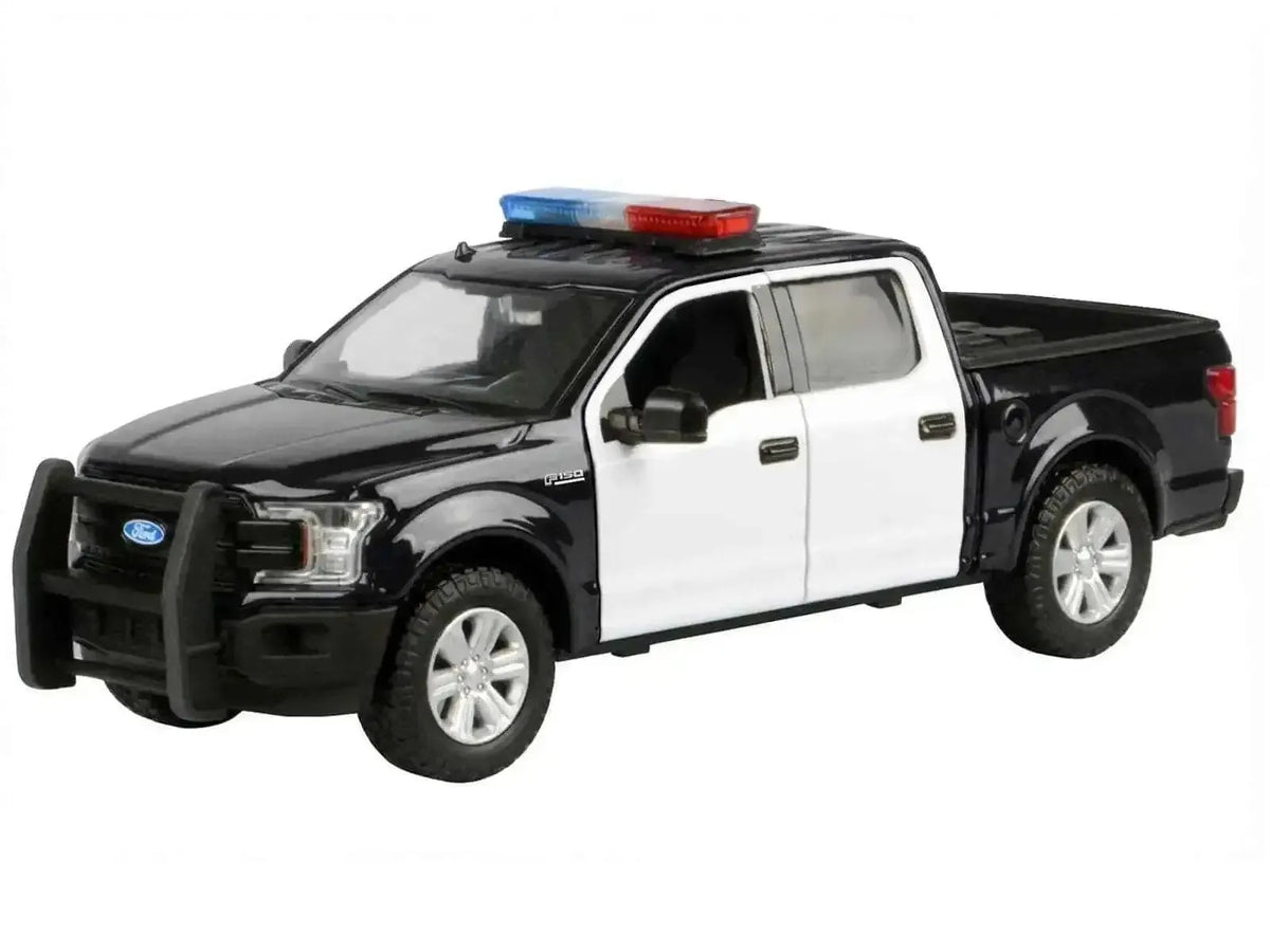 2019 Ford F-150 Lariat Crew Cab Pickup Truck Black and White with Flashing Light Bar and Front and Rear Lights and Sounds 1/27 Diecast Model Car by Motormax Miniature Motors Default Title Default Title-