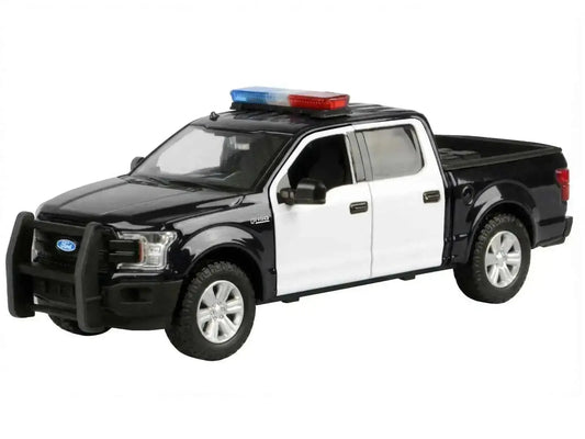 2019 Ford F-150 Lariat Crew Cab Pickup Truck Black and White with Flashing Light Bar and Front and Rear Lights and Sounds 1/27 Diecast Model Car by Motormax Miniature Motors Default Title Default Title-