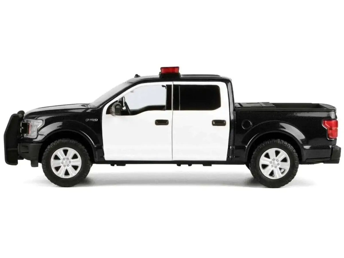 2019 Ford F-150 Lariat Crew Cab Pickup Truck Black and White with Flashing Light Bar and Front and Rear Lights and Sounds 1/27 Diecast Model Car by Motormax Miniature Motors Default Title Default Title-