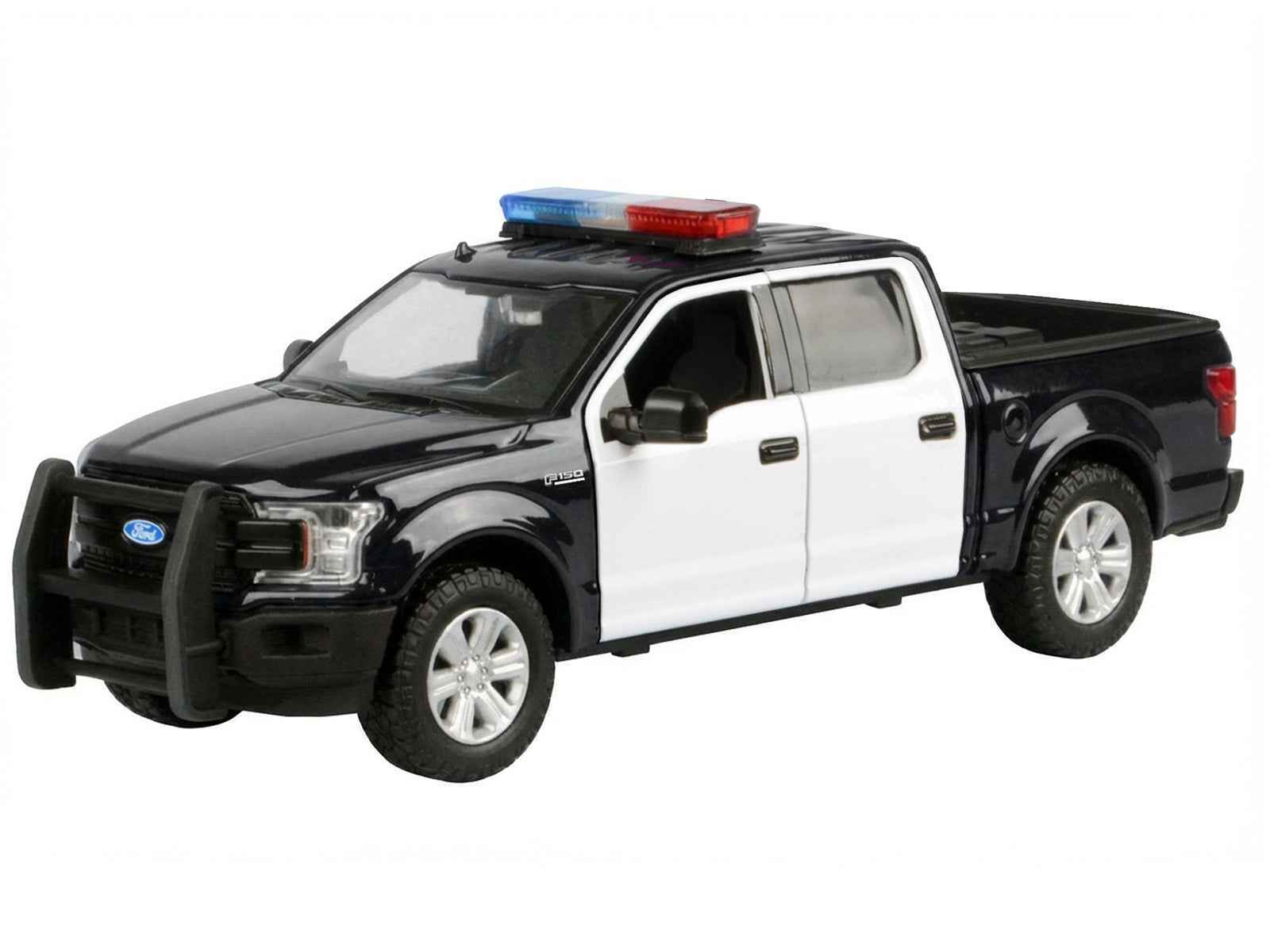 2019 Ford F-150 Lariat Crew Cab Pickup Truck Black and White with Flashing Light Bar and Front and Rear Lights and Sounds 1/27 Diecast Model Car by Motormax Cartsfy Inc.