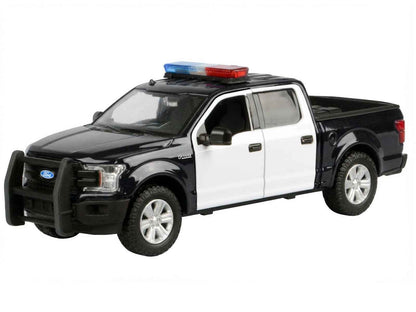 2019 Ford F-150 Lariat Crew Cab Pickup Truck Black and White with Flashing Light Bar and Front and Rear Lights and Sounds 1/27 Diecast Model Car by Motormax Cartsfy Inc.