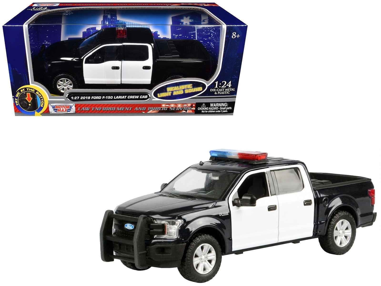 2019 Ford F-150 Lariat Crew Cab Pickup Truck Black and White with Flashing Light Bar and Front and Rear Lights and Sounds 1/27 Diecast Model Car by Motormax Cartsfy Inc.