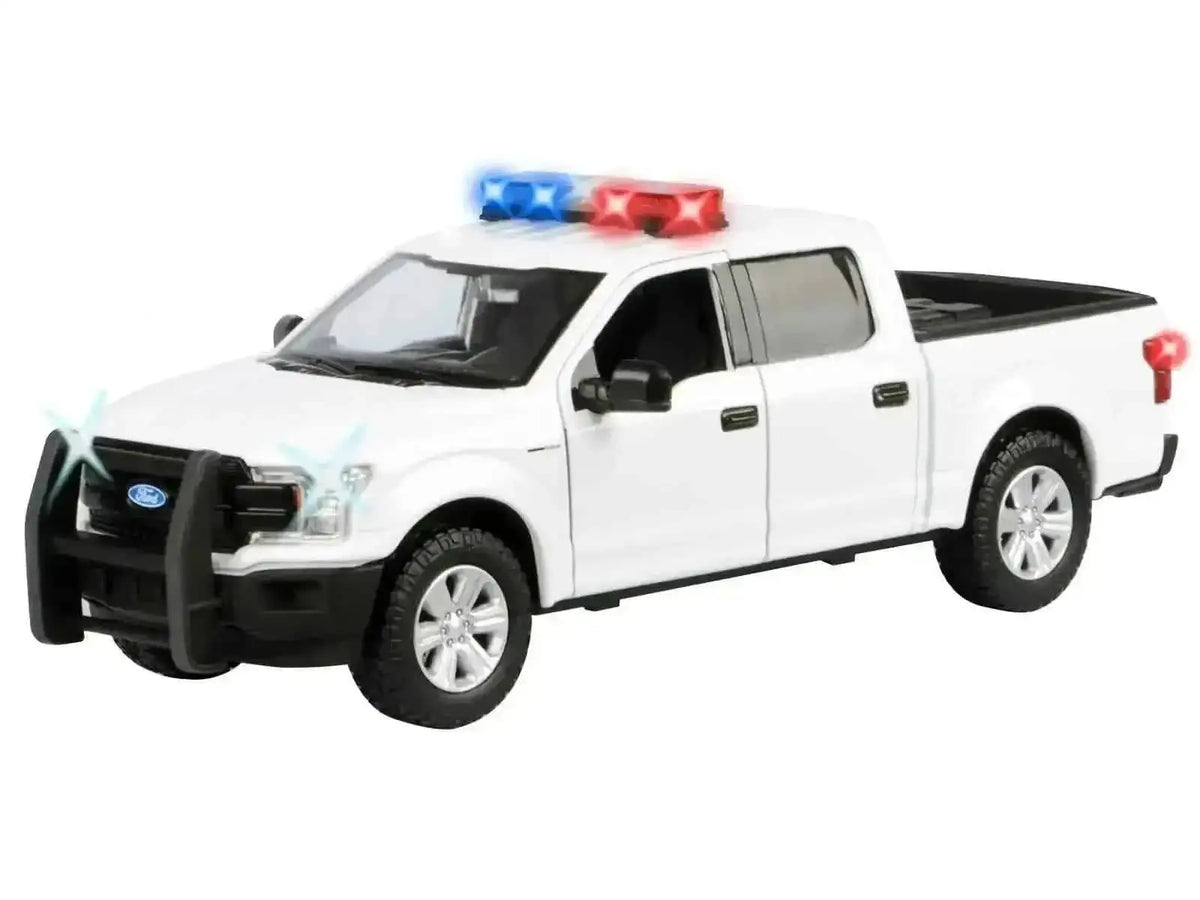 2019 Ford F-150 Lariat Crew Cab Pickup Truck White with Flashing Light Bar and Front and Rear Lights and Sounds 1/27 Diecast Model Car by Motormax Miniature Motors Default Title Default Title-