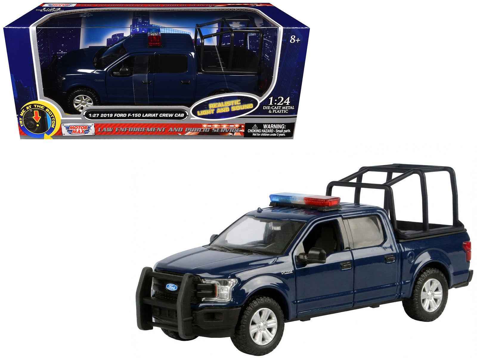 2019 Ford F-150 Lariat Crew Cab Pickup Truck with Bed Cage Dark Blue with Flashing Light Bar and Front and Rear Lights and Sounds 1/27 Diecast Model Car by Motormax Cartsfy Inc.