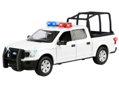 2019 Ford F-150 Lariat Crew Cab Pickup Truck with Bed Cage White with Flashing Light Bar and Front and Rear Lights and Sounds 1/27 Diecast Model Car by Motormax Miniature Motors Default Title Default Title-