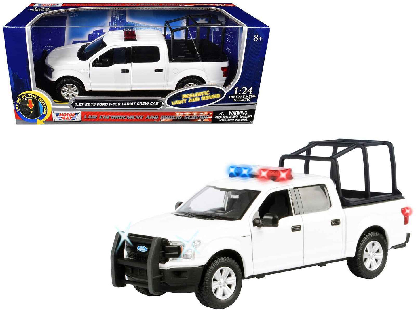 2019 Ford F-150 Lariat Crew Cab Pickup Truck with Bed Cage White with Flashing Light Bar and Front and Rear Lights and Sounds 1/27 Diecast Model Car by Motormax Miniature Motors Default Title Default Title-