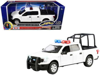 2019 Ford F-150 Lariat Crew Cab Pickup Truck with Bed Cage White with Flashing Light Bar and Front and Rear Lights and Sounds 1/27 Diecast Model Car by Motormax Miniature Motors Default Title Default Title-
