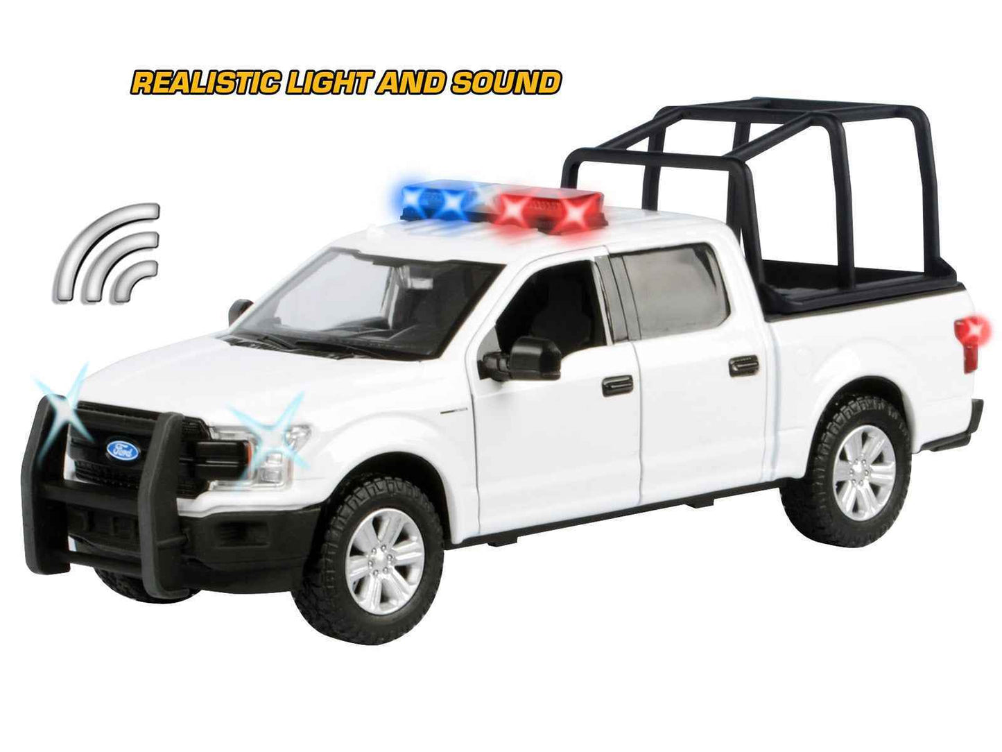 White diecast pickup truck model with black grille, bed cage, and flashing light bar