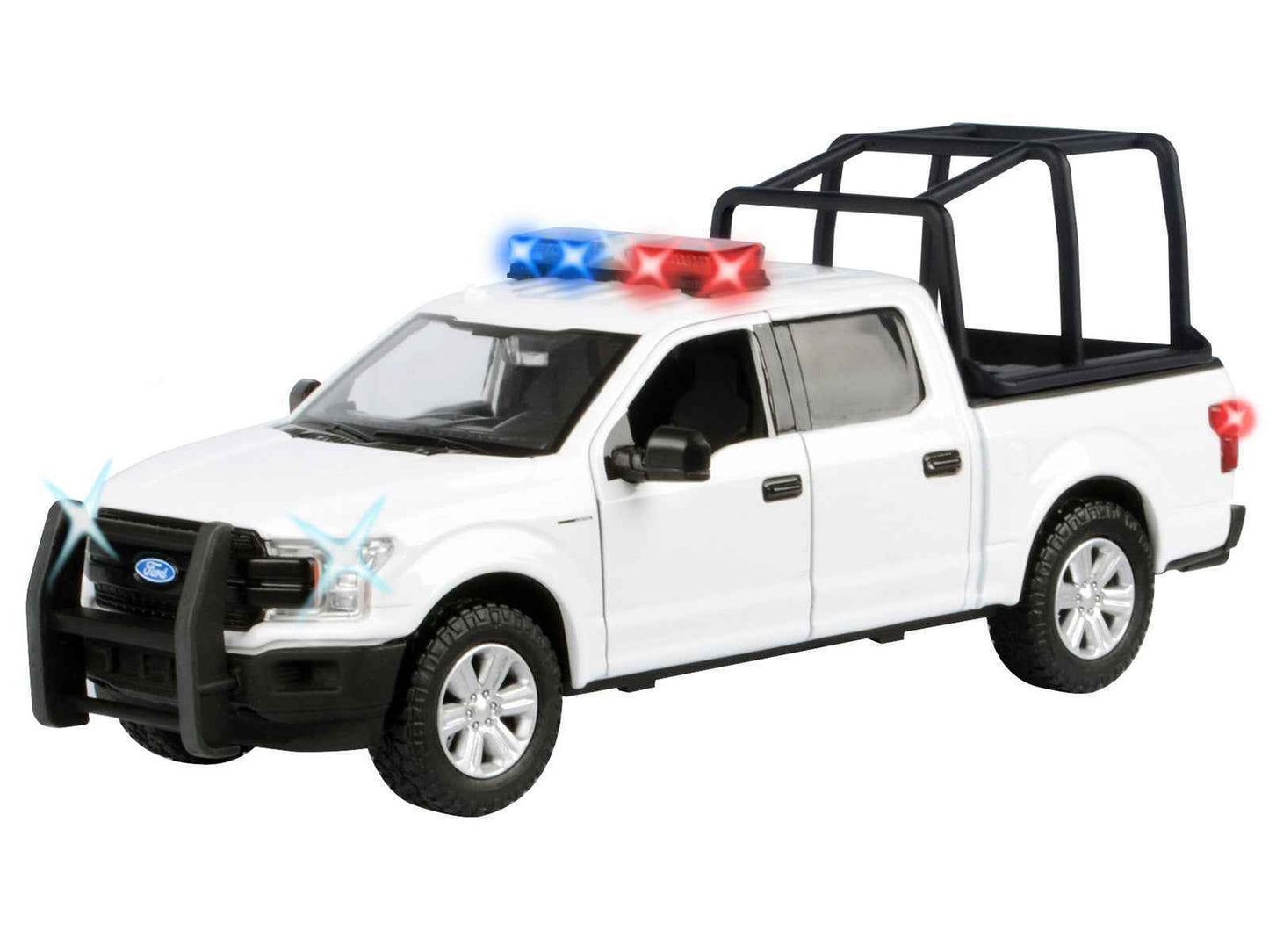 White diecast pickup truck model with light bar, bed cage, open grille and front wheels