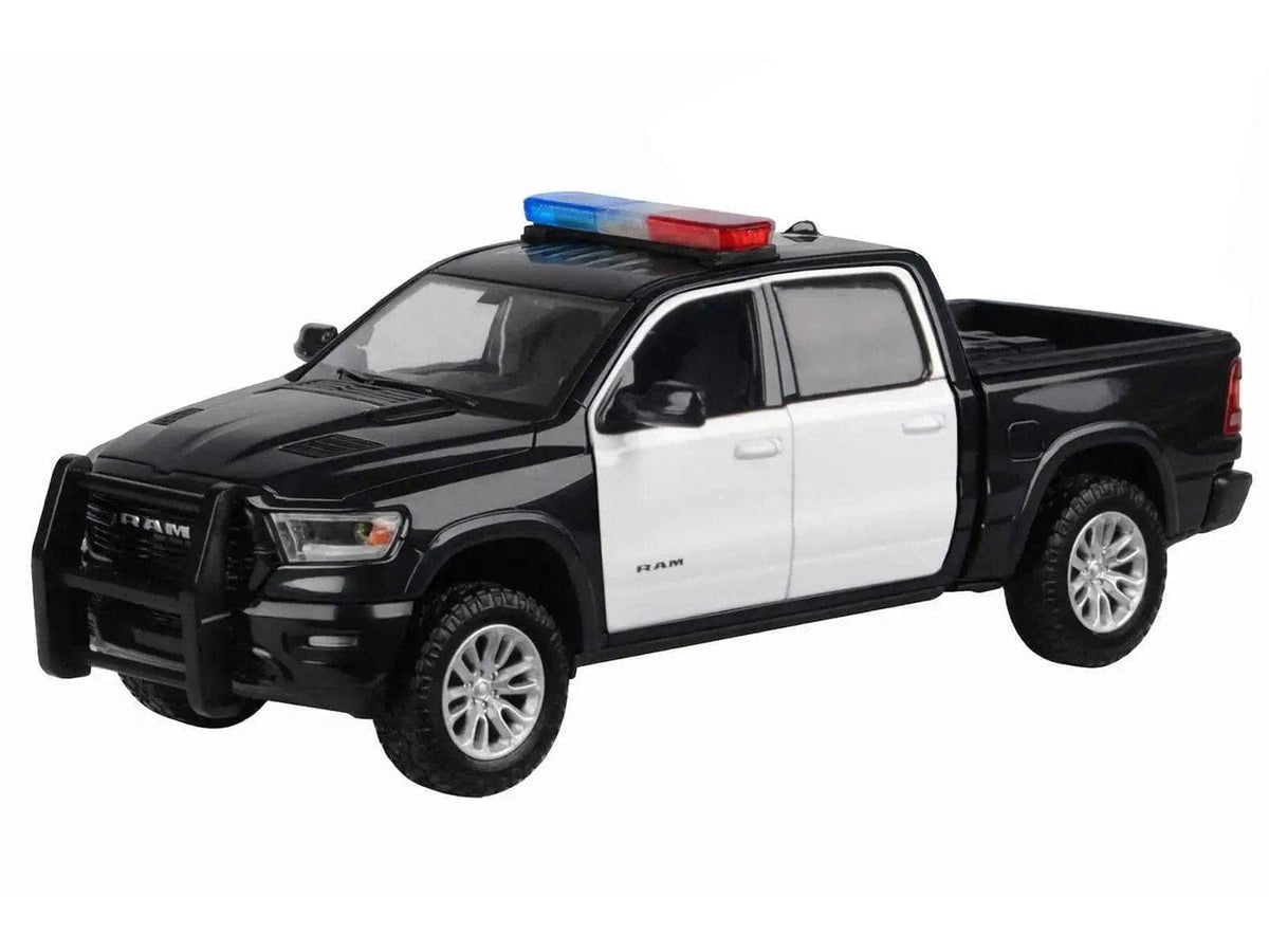 2019 RAM 1500 Laramie Crew Cab Pickup Truck Black and White with Flashing Light Bar and Front and Rear Lights and Sounds 1/27 Diecast Model Car by Motormax Miniature Motors Default Title Default Title-