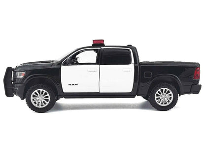 2019 RAM 1500 Laramie Crew Cab Pickup Truck Black and White with Flashing Light Bar and Front and Rear Lights and Sounds 1/27 Diecast Model Car by Motormax Miniature Motors Default Title Default Title-