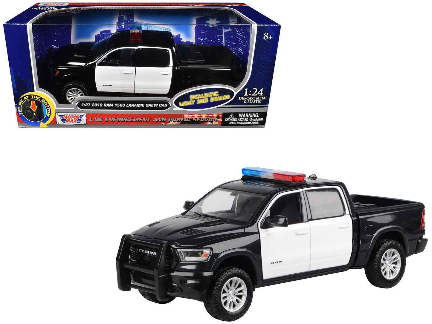 1:27 scale diecast pickup truck in black and white with light bar and front lights