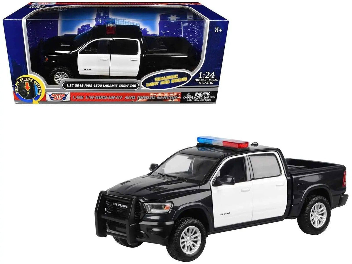 2019 RAM 1500 Laramie Crew Cab Pickup Truck Black and White with Flashing Light Bar and Front and Rear Lights and Sounds 1/27 Diecast Model Car by Motormax Miniature Motors Default Title Default Title-