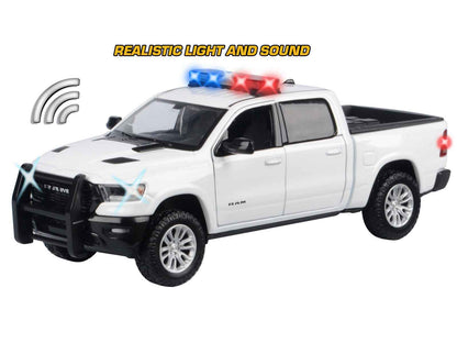 2019 RAM 1500 Laramie Crew Cab Pickup Truck White with Flashing Light Bar and Front and Rear Lights and Sounds 1/27 Diecast Model Car by Motormax Miniature Motors Default Title Default Title-