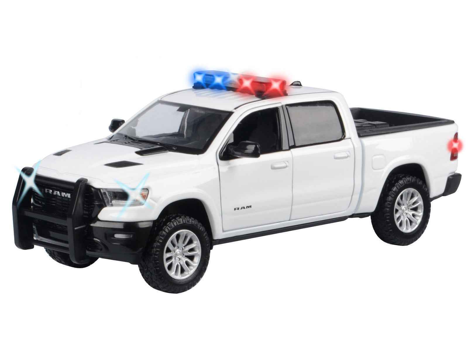2019 RAM 1500 Laramie Crew Cab Pickup Truck White with Flashing Light Bar and Front and Rear Lights and Sounds 1/27 Diecast Model Car by Motormax Miniature Motors Default Title Default Title-