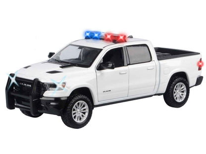 2019 RAM 1500 Laramie Crew Cab Pickup Truck White with Flashing Light Bar and Front and Rear Lights and Sounds 1/27 Diecast Model Car by Motormax Miniature Motors Default Title Default Title-