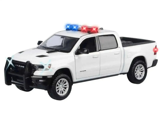 2019 RAM 1500 Laramie Crew Cab Pickup Truck White with Flashing Light Bar and Front and Rear Lights and Sounds 1/27 Diecast Model Car by Motormax Miniature Motors Default Title Default Title-