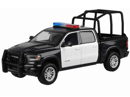 2019 RAM 1500 Laramie Crew Cab Pickup Truck with Bed Cage Black and White with Flashing Light Bar and Front and Rear Lights and Sounds 1/27 Diecast Model Car by Motormax Miniature Motors Default Title Default Title-