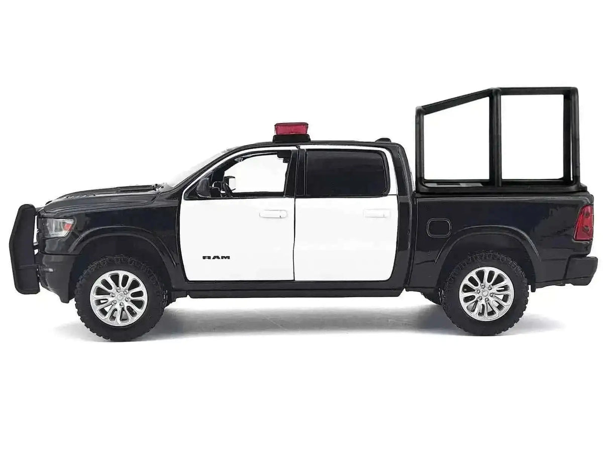 2019 RAM 1500 Laramie Crew Cab Pickup Truck with Bed Cage Black and White with Flashing Light Bar and Front and Rear Lights and Sounds 1/27 Diecast Model Car by Motormax Cartsfy Inc.