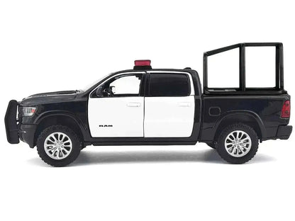 2019 RAM 1500 Laramie Crew Cab Pickup Truck with Bed Cage Black and White with Flashing Light Bar and Front and Rear Lights and Sounds 1/27 Diecast Model Car by Motormax Cartsfy Inc.