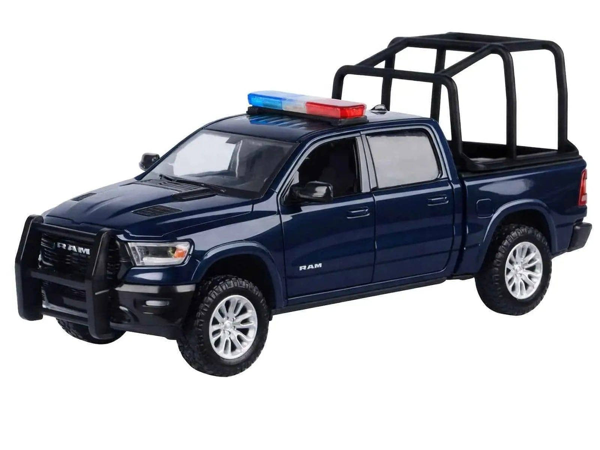 2019 RAM 1500 Laramie Crew Cab Pickup Truck with Bed Cage Dark Blue with Flashing Light Bar and Front and Rear Lights and Sounds 1/27 Diecast Model Car by Motormax Miniature Motors Default Title Default Title-