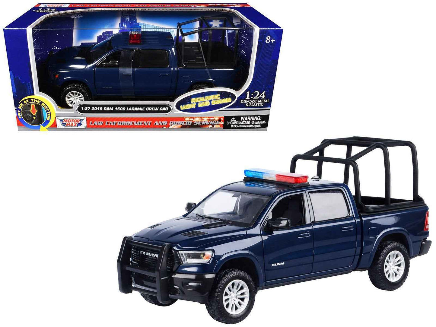 Dark blue diecast pickup truck model with front grille, bed cage, and light bar